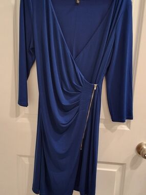 Express Royal Blue Draped Wrap-Front Long Sleeve Dress